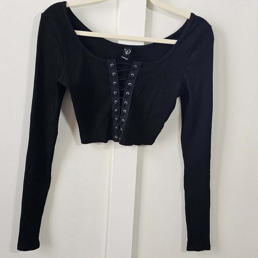 Windsor Black Lace Up Crop Top Long Sleeve Ribbed Y2K Goth Grunge